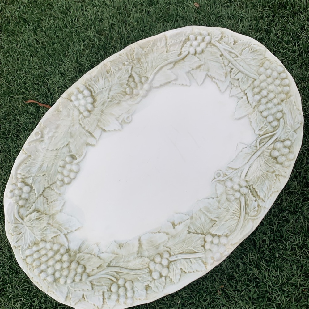 Vintage Euro Ceramica Green and White Oval Grapevine Design Platter